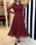 Women's Rhinestone Lace Long Sleeve Maxi Dress Crew Neck Textured A-Line Evening Gown