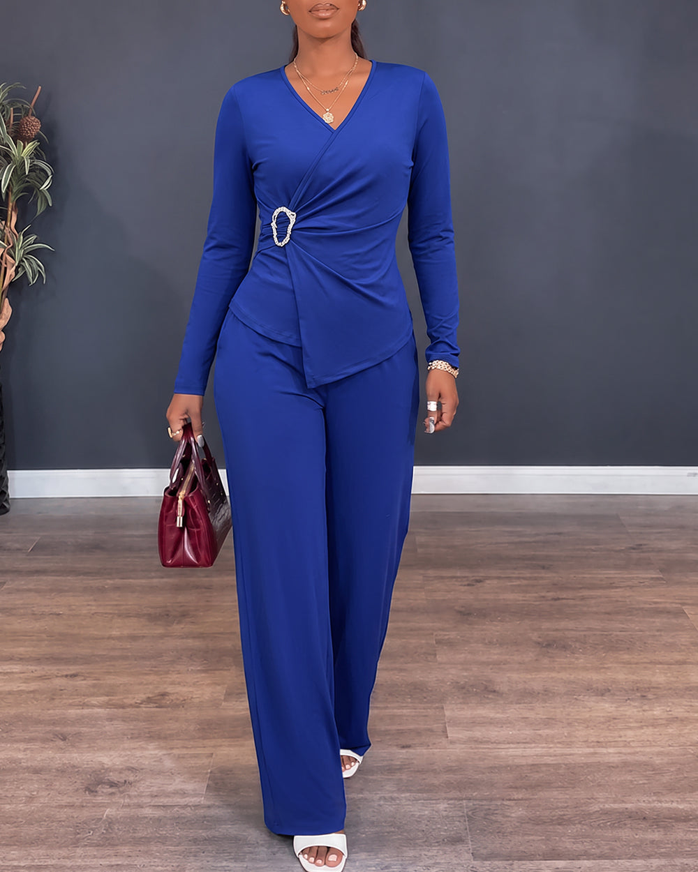 Women's 2 Piece Set Overlap V-Neck Ruched Long Sleeve Top and Wide Leg Pants Set