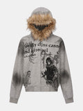 Boxy Faux Fur Collar Comic Character Print Zipper Hoodie