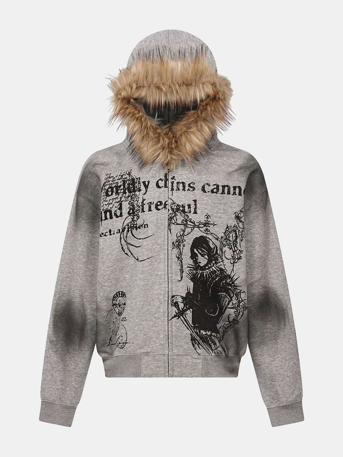 Boxy Faux Fur Collar Comic Character Print Zipper Hoodie