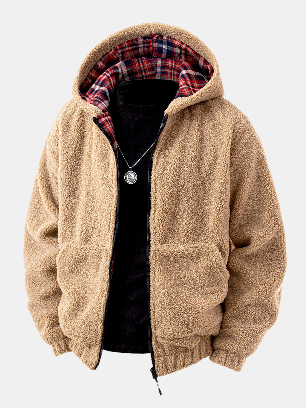 Contrast Plaid Teddy Zip-Up Hoodie