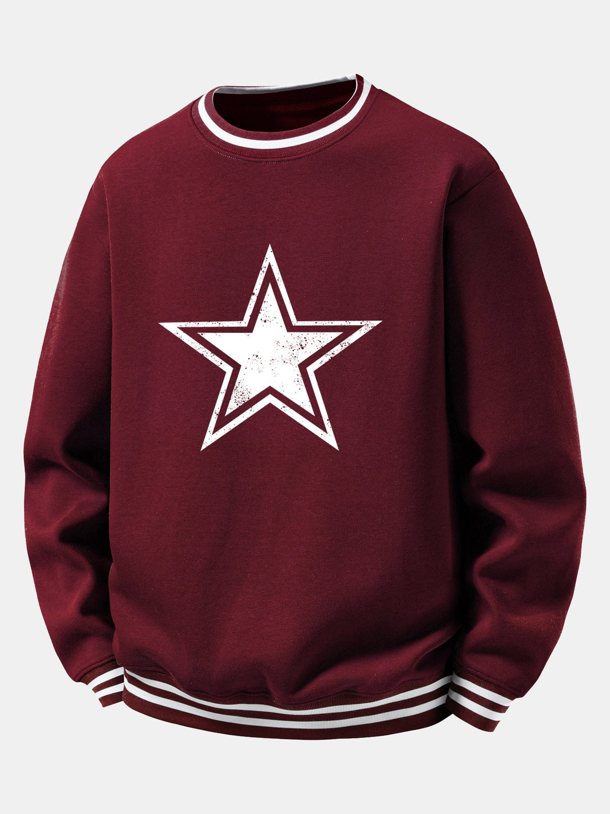 Star Print Striped Ribbed Trim Crew Neck Sweatshirt