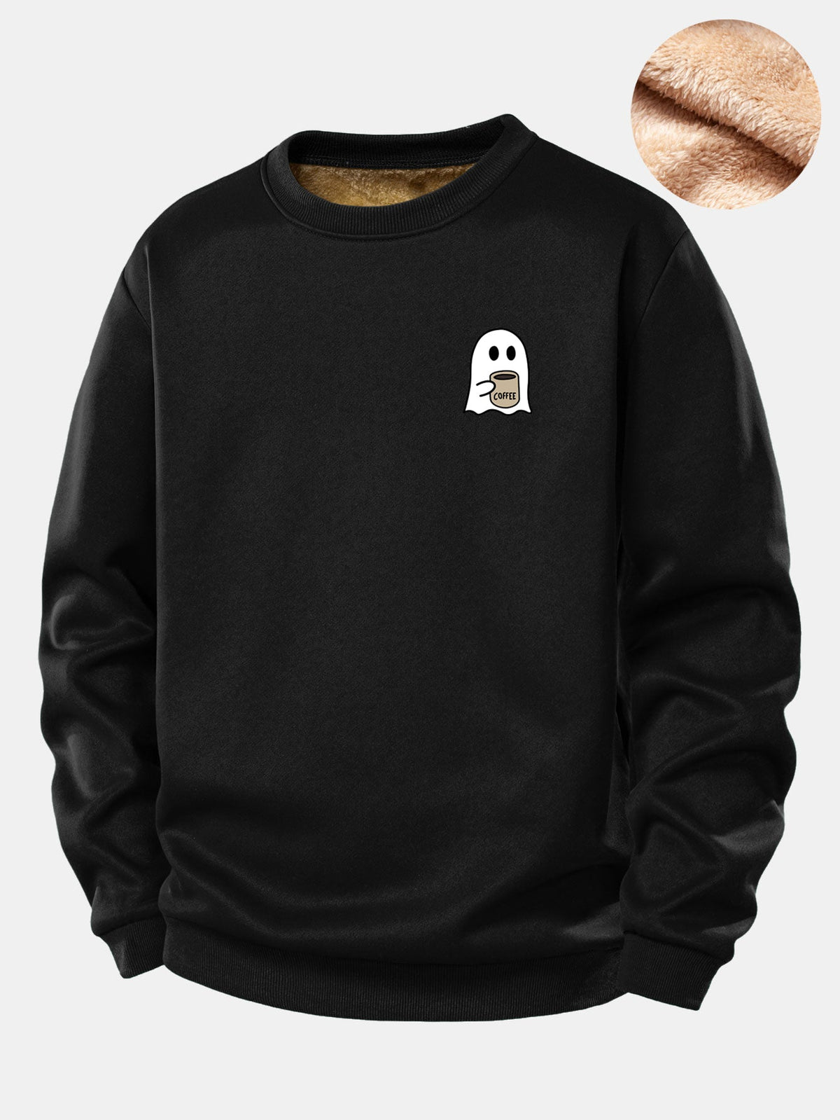Ghost Drinking Coffee Print Teddy Fleece Lined Sweatshirt