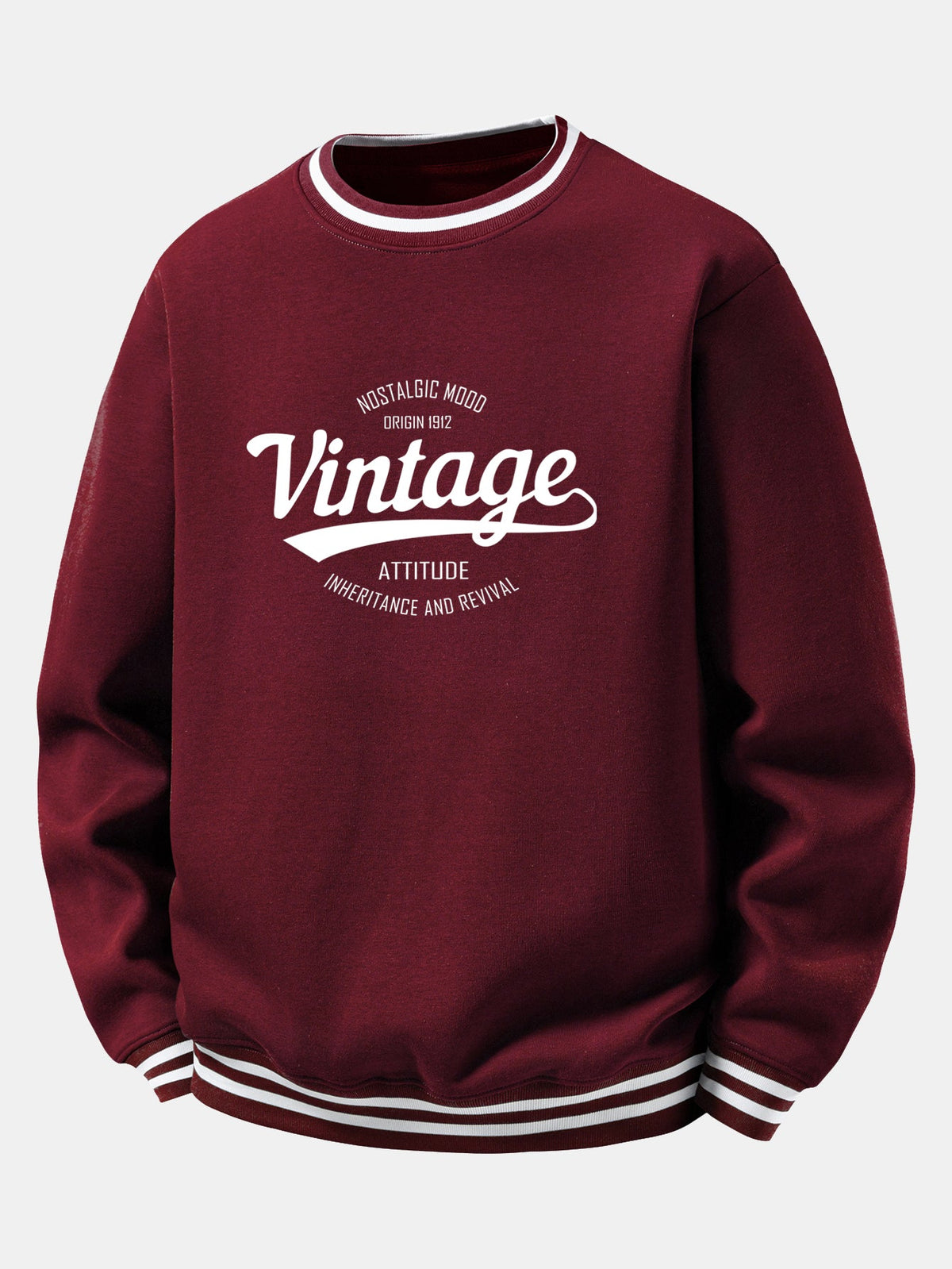 Vintage Print Striped Ribbed Trim Crew Neck Sweatshirt