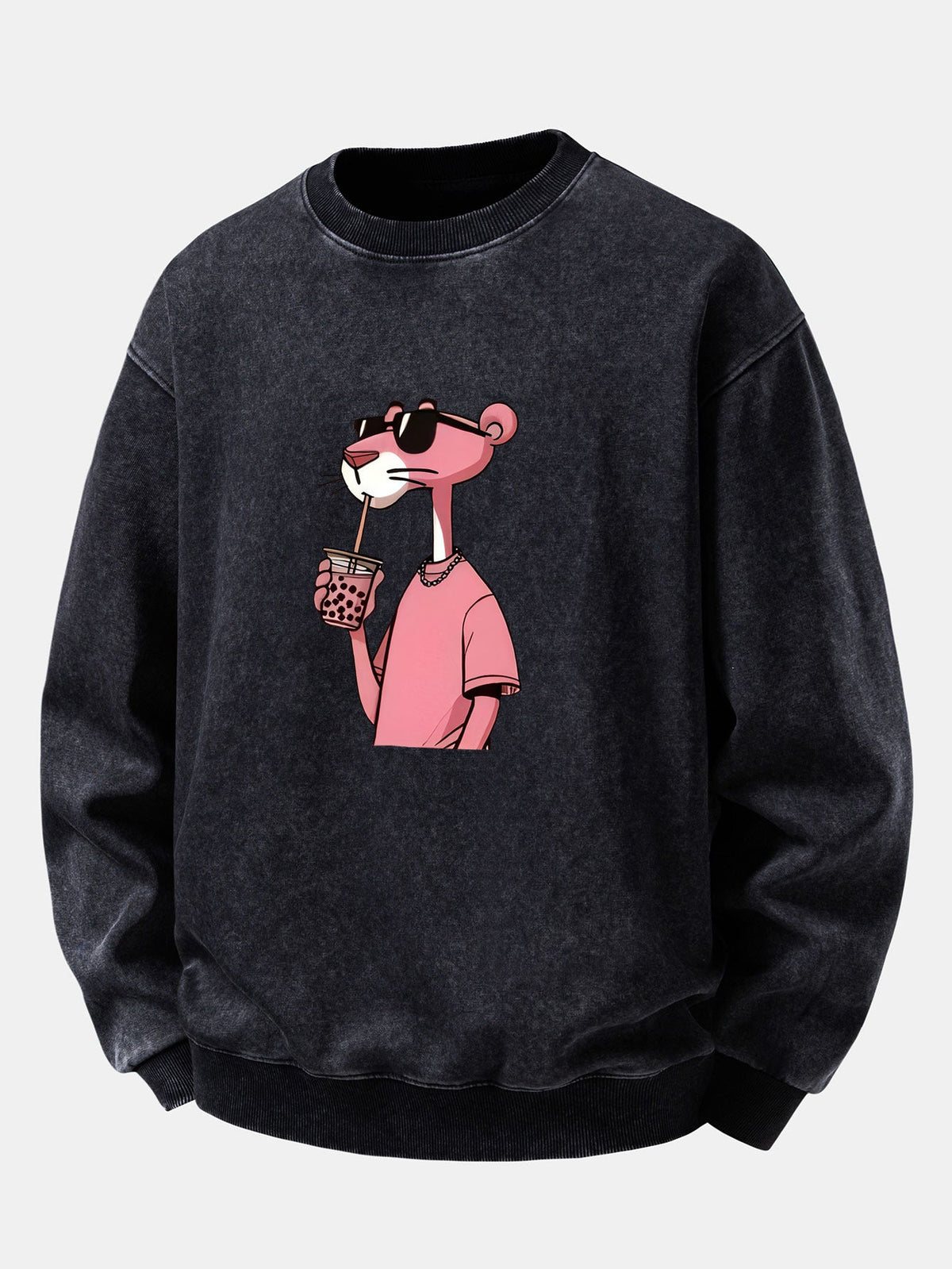 Relaxed Fit Pink Panther Print Washed Distressed Sweatshirt