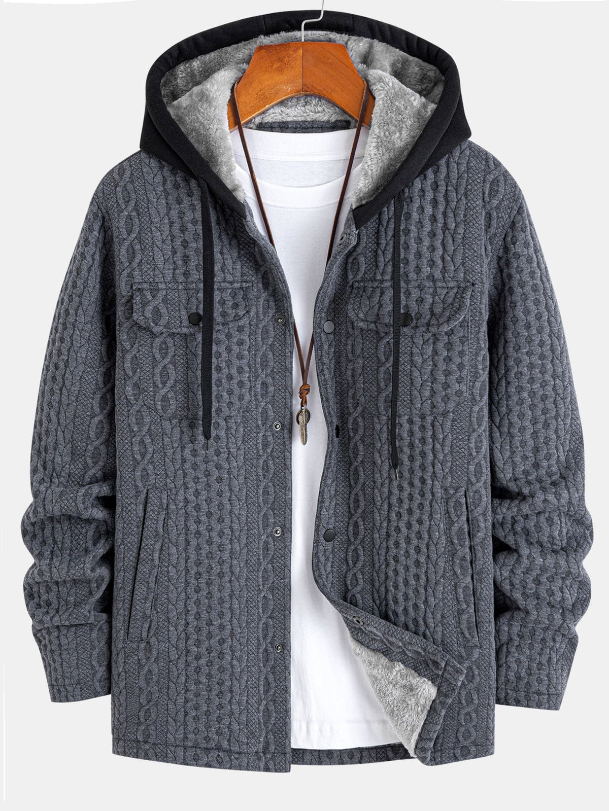 Faux Fur Lined Twist Jacquard Hooded Coat