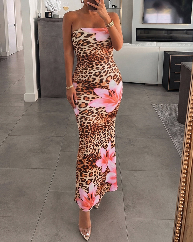 Trägerloses Maxikleid mit Leoparden- und Blumenmuster, ärmelloses figurbetontes Meerjungfrauenkleid für den Urlaub oder Partys