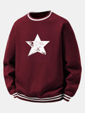 Star Print Striped Ribbed Trim Crew Neck Sweatshirt