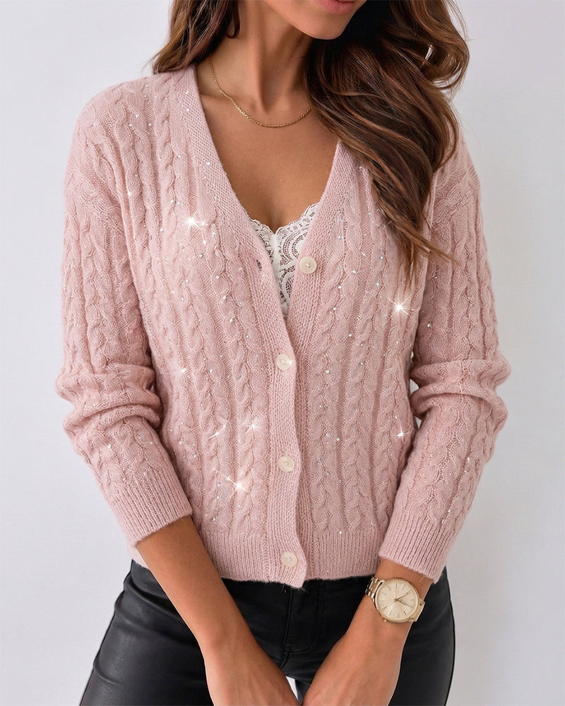 Women's Sequin Cable Knit Cardigan V Neck Button Down Slim Fit Long Sleeve Sweater