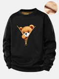 Zipper Bear Print Teddy Fleece Lined Sweatshirt