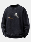 Relaxed Fit Skeleton Chasing Dachshund Print Washed Distressed Sweatshirt