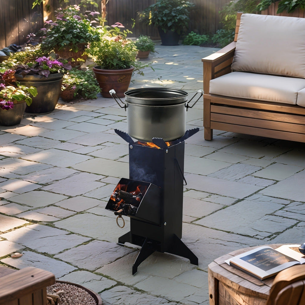 Black Rocket Stove with Detachable Side Feed Door, Four-Leg Base and Wood or Charcoal Fuel Configuration