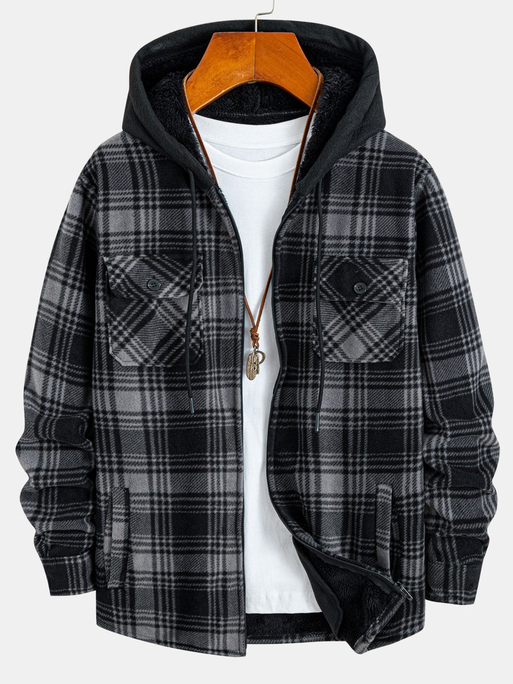 Teddy Lined Zip Up Flannel Plaid Hooded Shirt
