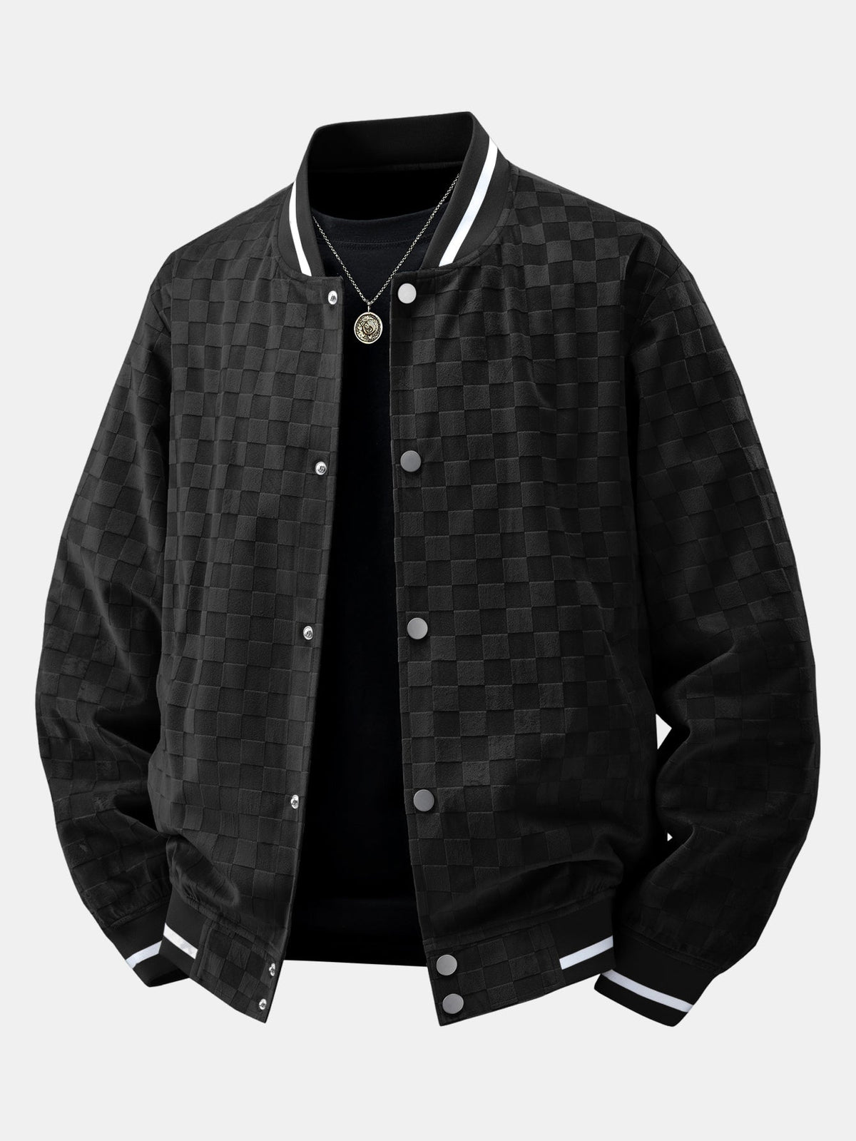 Checkerboard Faux Suede Baseball Jacket