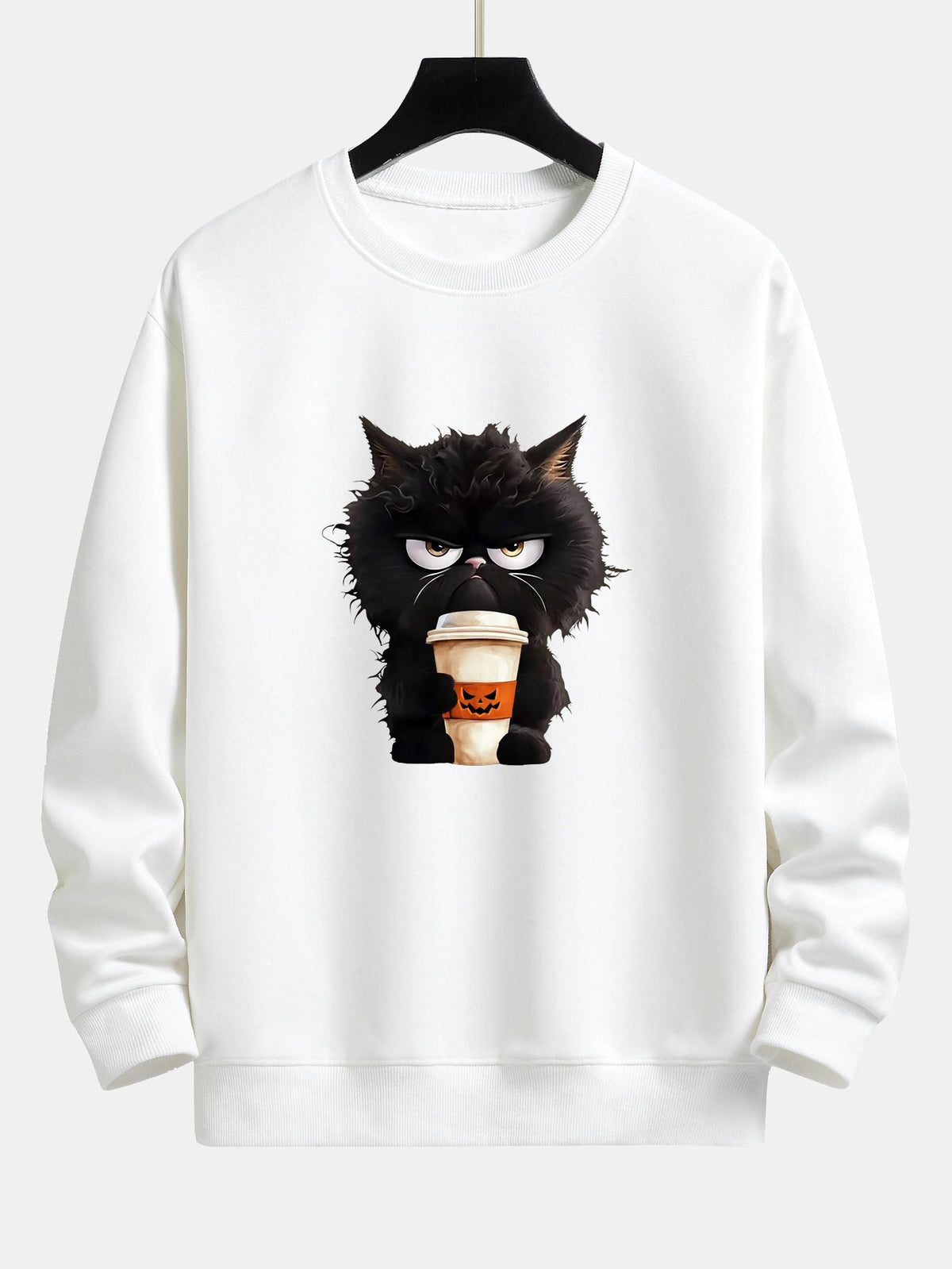 Black Cat Halloween Coffee Print Relax Fit Sweatshirt
