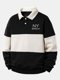 Relax Fit NY Brooklyn Print Color Block Polo Collar Sweatshirt