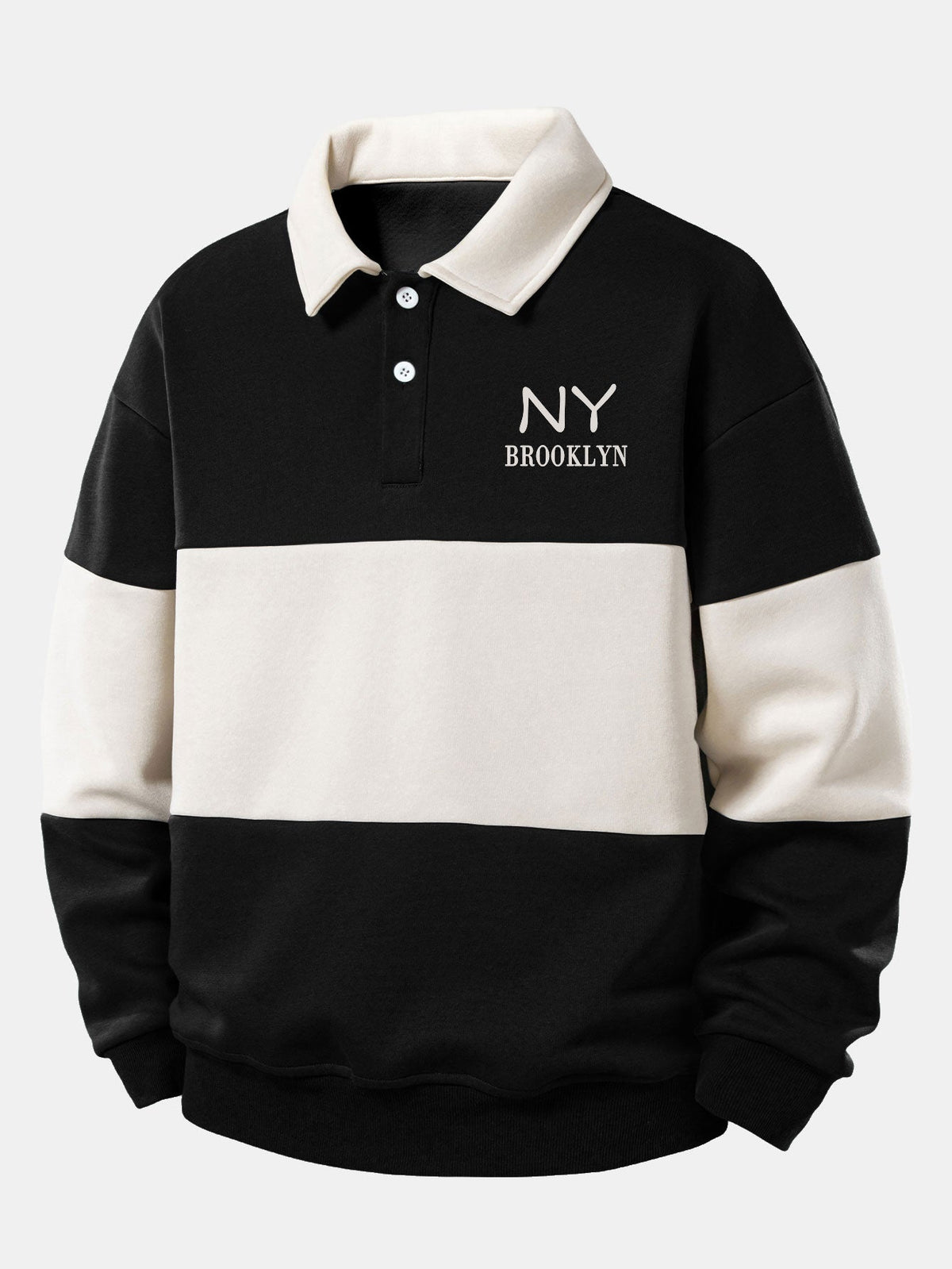Relax Fit NY Brooklyn Print Color Block Polo Collar Sweatshirt