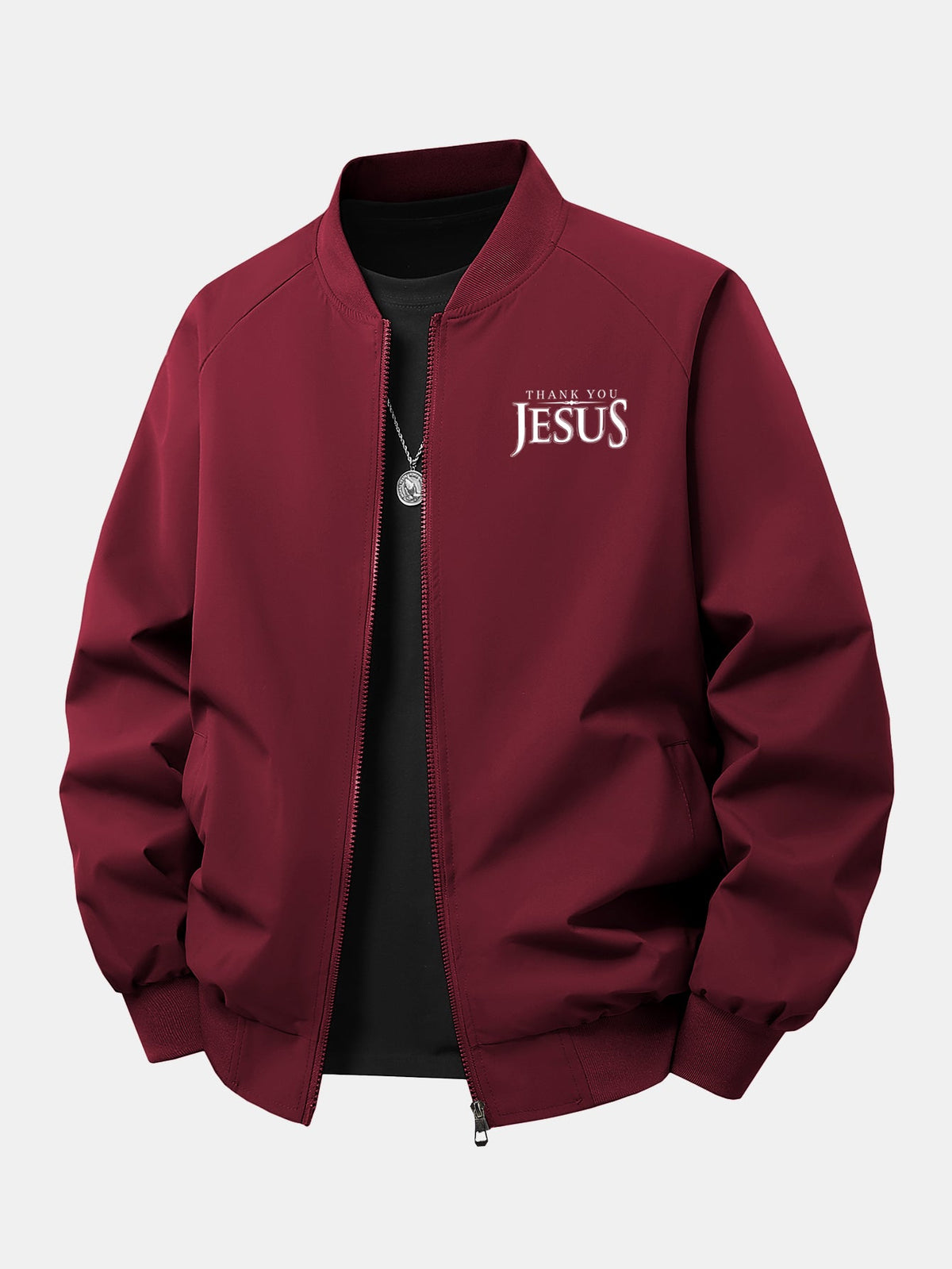 Relax Fit Jesus Print Zip-Up Bomber Jacket