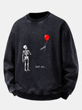 Relaxed Fit Funny Skeleton Balloon Print Washed Distressed Sweatshirt