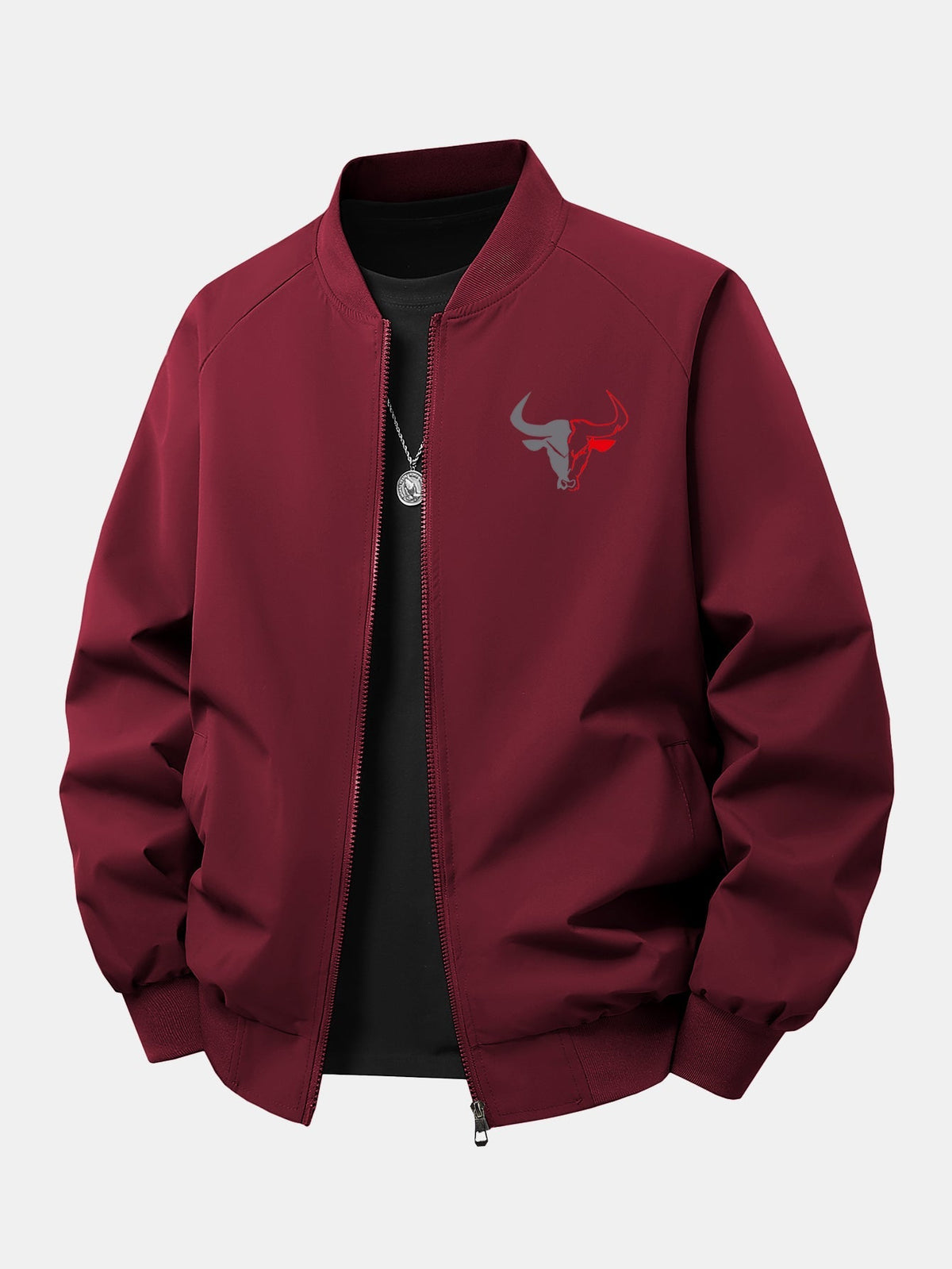 Relax Fit Bull Print Zip-Up Bomber Jacket