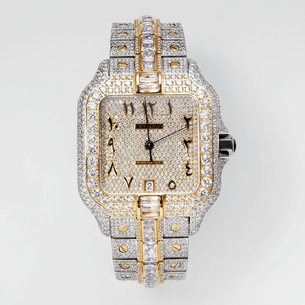 Cartier Santos Iced Out – Two-Tone Diamond Pavé Case & Bracelet Arabic Numeral Diamond Dial Date