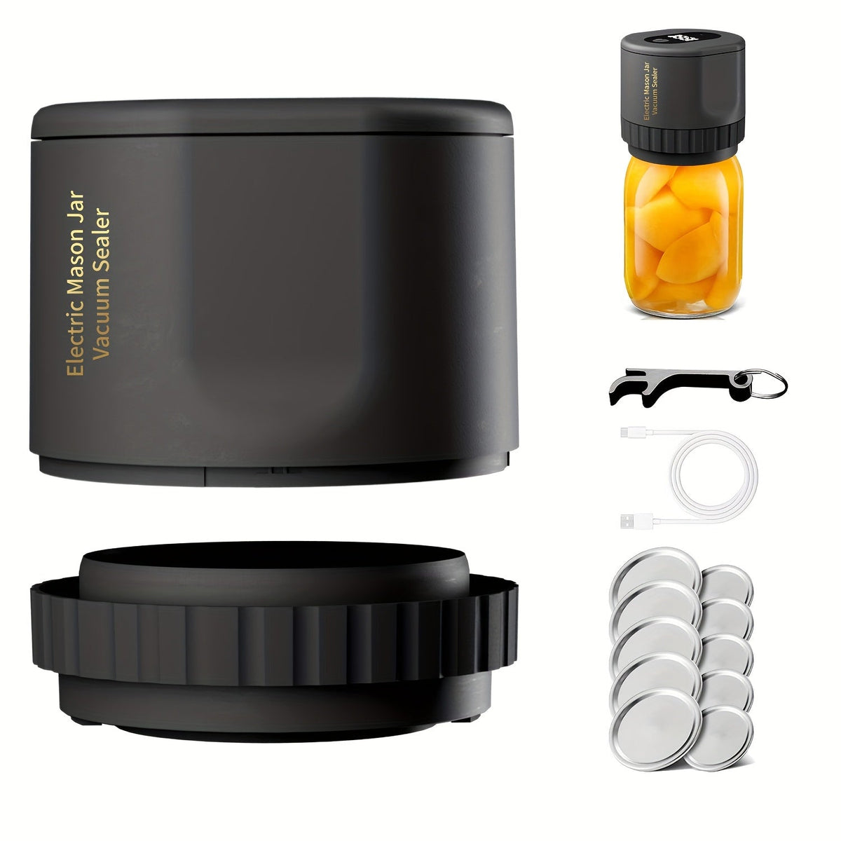 Vacuum Sealer Kit with Regular- and Wide-Mouth Adapters and Lid Accessories and Charging Cable