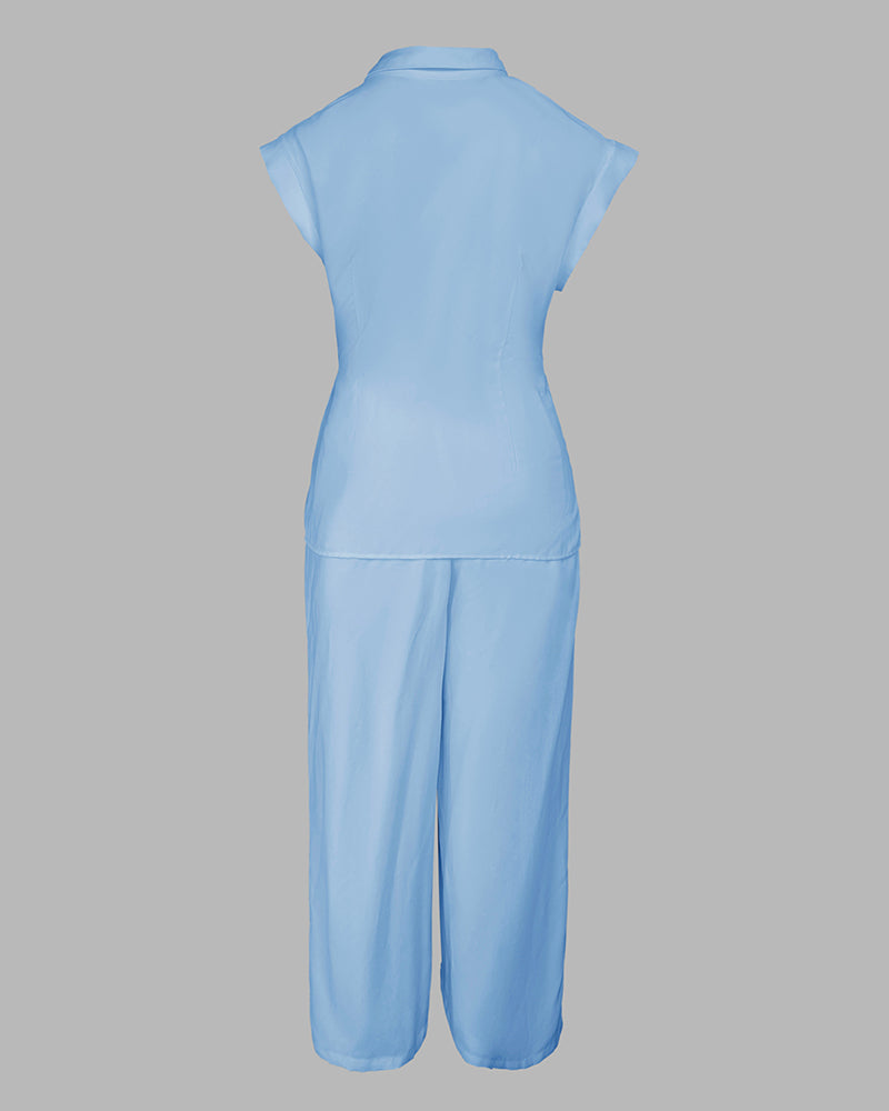 2 Pieces Outfit Turn-down Collar Cap Sleeve Button Front Tied Detail Top and Casual Zipper Fly Elastic Back Waist Wide-Leg Pants Set