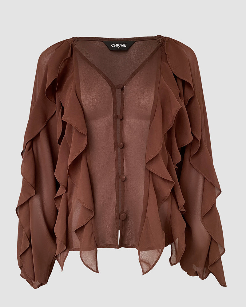 V Neck Shoulder Ruffles Design Blouse Casual Button Front Long Sleeve Top