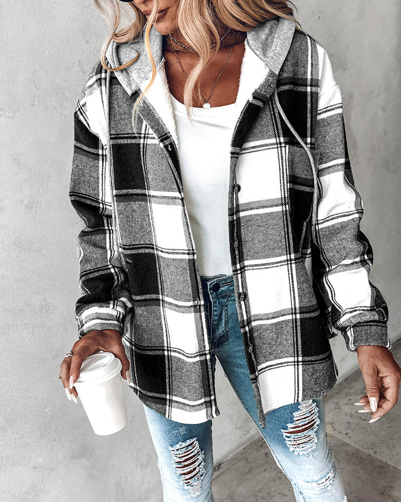 Karierte Langarm-Hemdjacke mit Knopfleiste, fleecegefütterte Kapuzenjacke, warmer Mantel