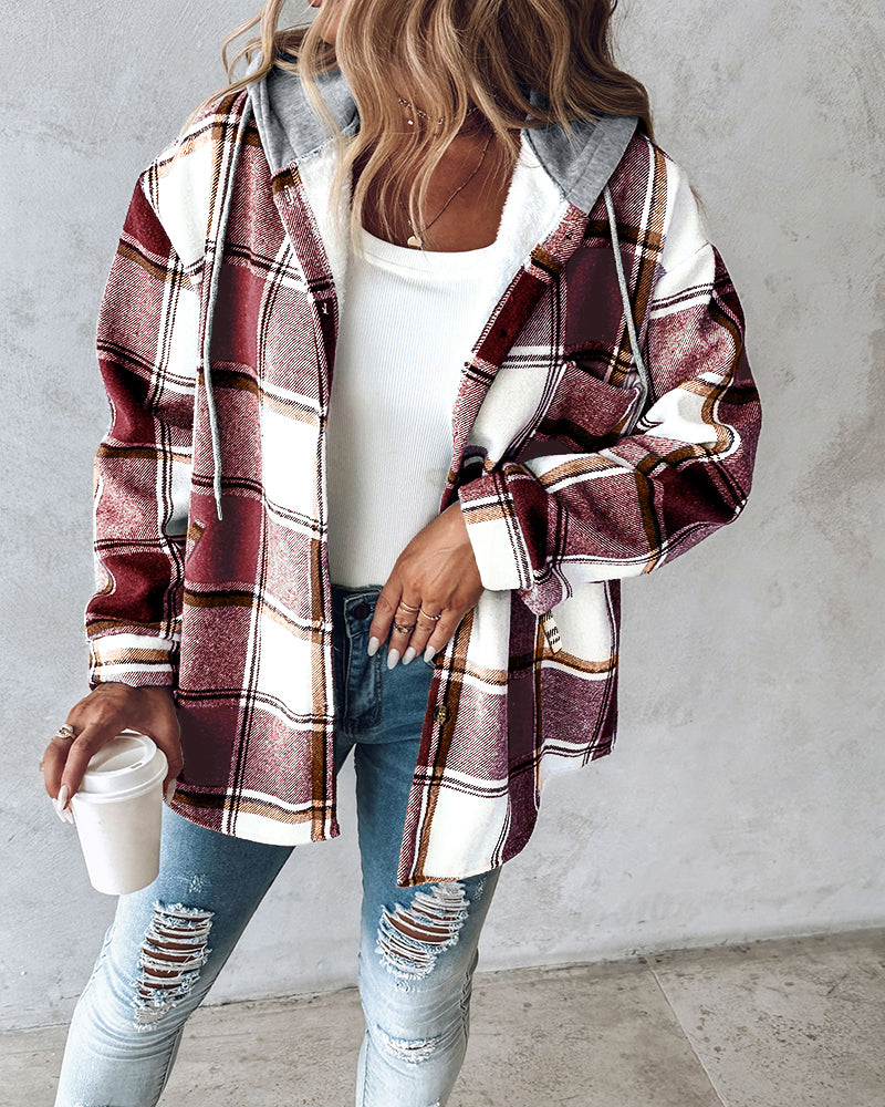 Karierte Langarm-Hemdjacke mit Knopfleiste, fleecegefütterte Kapuzenjacke, warmer Mantel