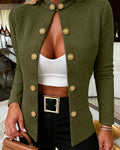 Women's Stand Collar Embossed Textured Jacket Double Breasted Gold Button Decor Coat