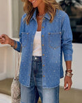 Women's Rhinestone Long Sleeve Denim Shirt Casual Button Down Jacket