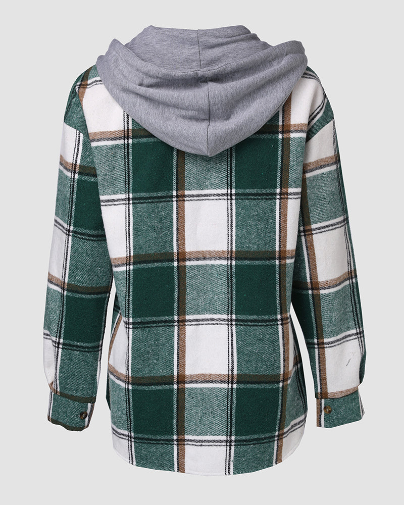 Karierte Langarm-Hemdjacke mit Knopfleiste, fleecegefütterte Kapuzenjacke, warmer Mantel