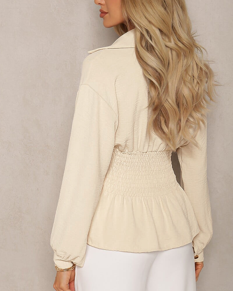Women's Turn-down Collar Long Sleeve Button Front Blouse Shirred Waist Peplum Top