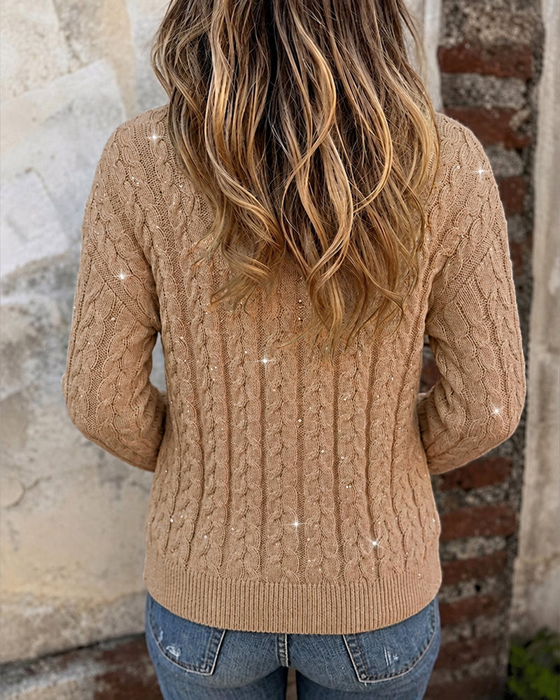Women's Sequin Cable Knit Cardigan V Neck Button Down Slim Fit Long Sleeve Sweater