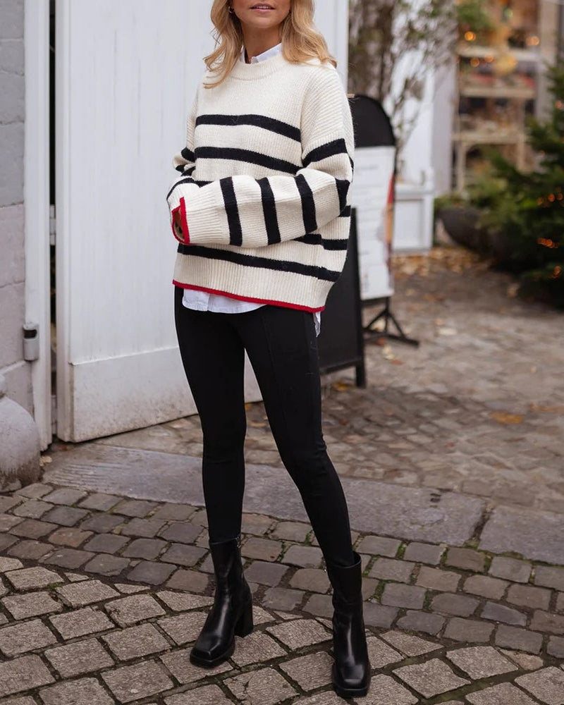 Women's Striped Crew Neck Loose Fit Chunky Knit Sweater Contrast Binding Top
