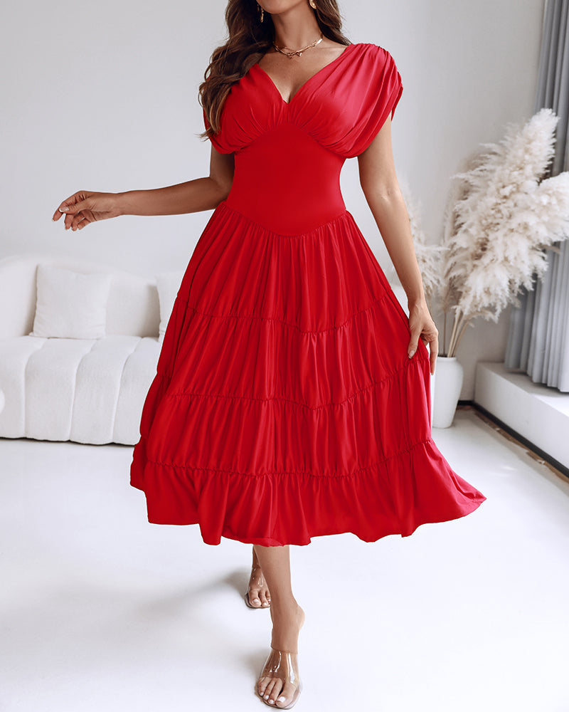 Women's Deep V-Neck Backless High Waist Ruched Ruffle Midi Dress