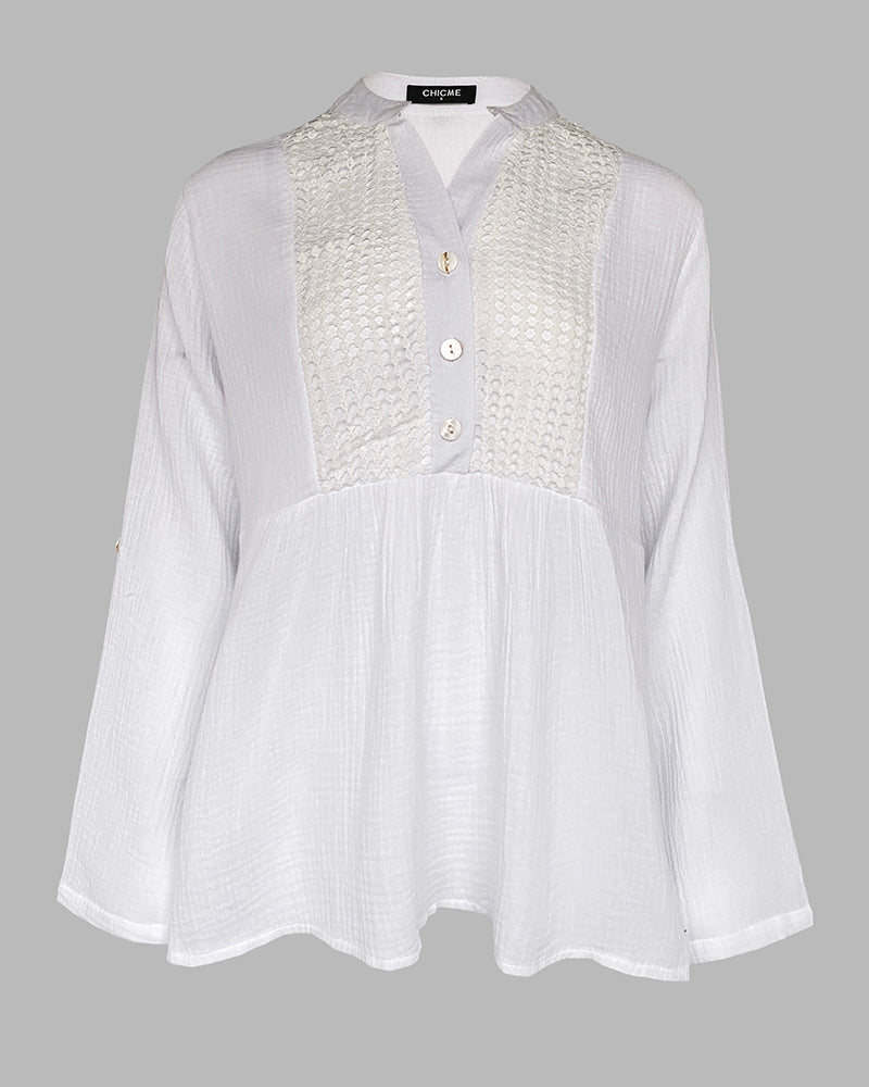 Notch Neck Roll Up Sleeve Lace Overlay Shirt Half Button Front Ruffle Hem Casual Top