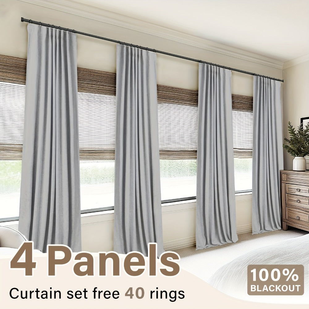 Four Faux Linen Textured Panels with Thermal Insulation and Rod Pockets for Living Room and Bedroom, 100% Blackout Curtains