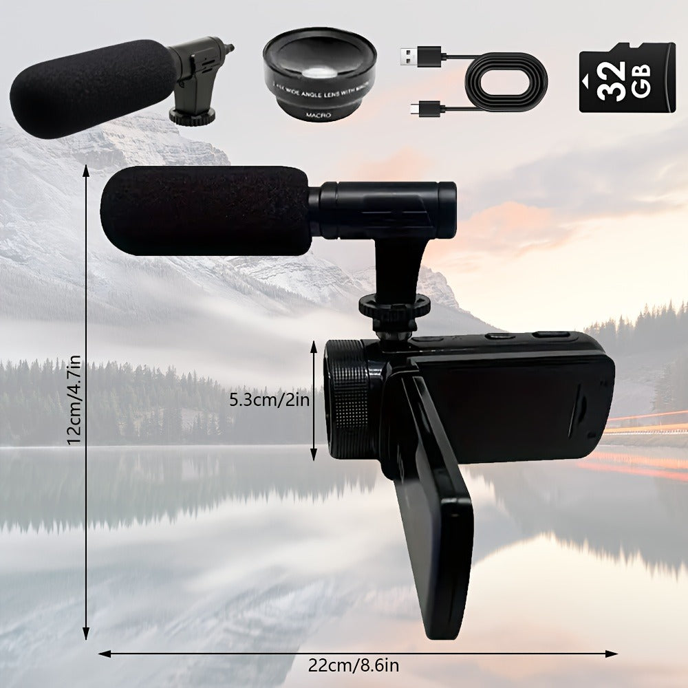 Digital Video Camera HD 1080P for Family with Flip Screen & External Microphone, 16MP 16X Zoom Compact Camcorder