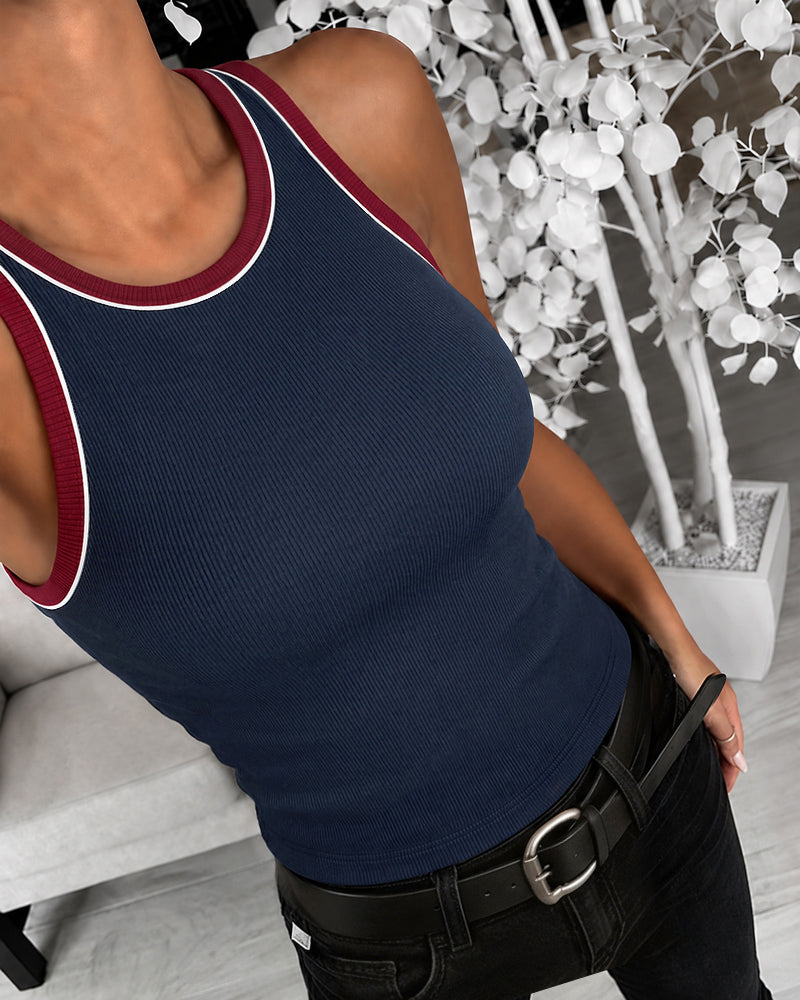 Women's Stretch Ribbed Vintage Contrast Trim Racerback Tank Top