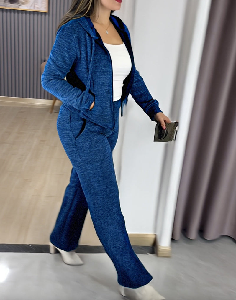 2 Pieces Outfit Long Sleeve Zip Up Drawstring Hoodie Coat and Casual Elastic Waist Seam Front Straight Leg Pants Set