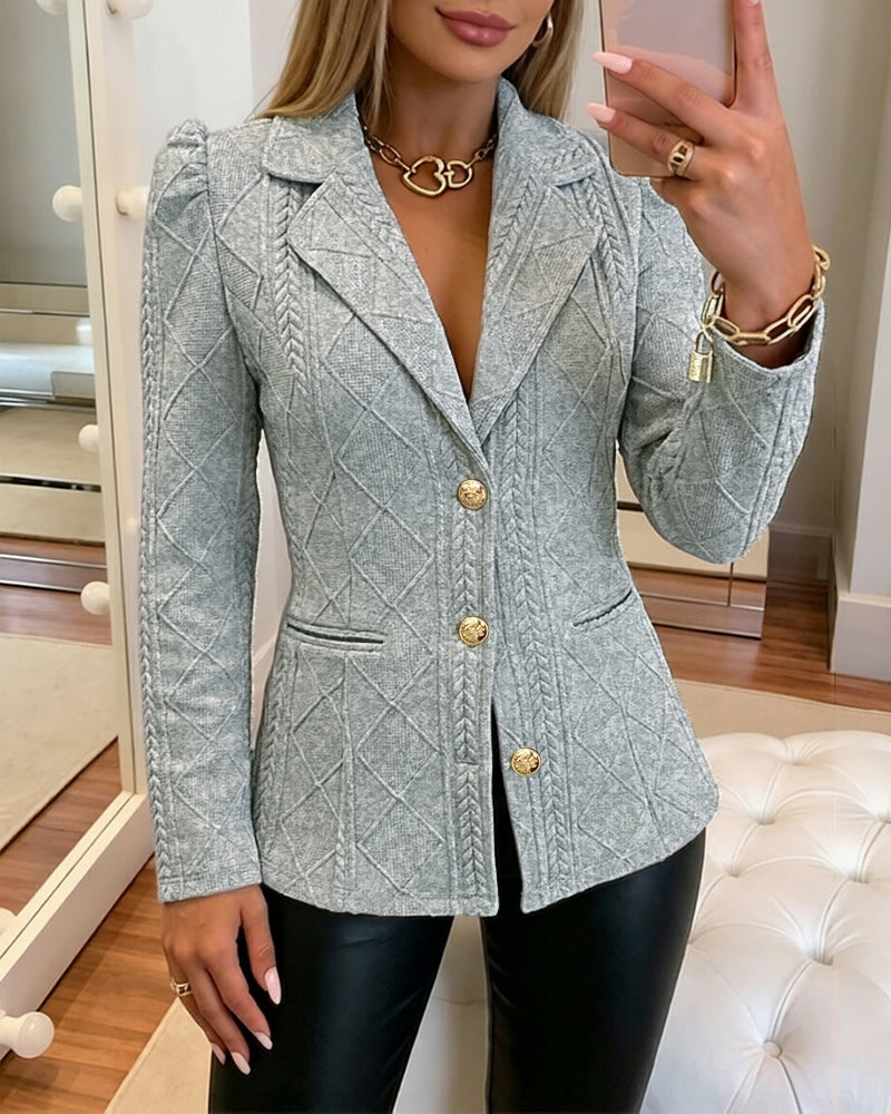 Women's Elegant Argyle Textured Blazer Slim Fit Puff Sleeve Suit Jacket Gold Button Work Office Commuter Blazer with Pockets