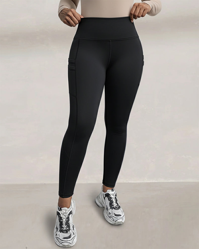 Winter Warme High-Waisted Sport-Leggings mit Bauch-weg-Effekt, Po-Lifting, ultraweich, thermogefüttert, Yoga-Hose, Damen-Sportbekleidung mit seitlichen Eingrifftaschen