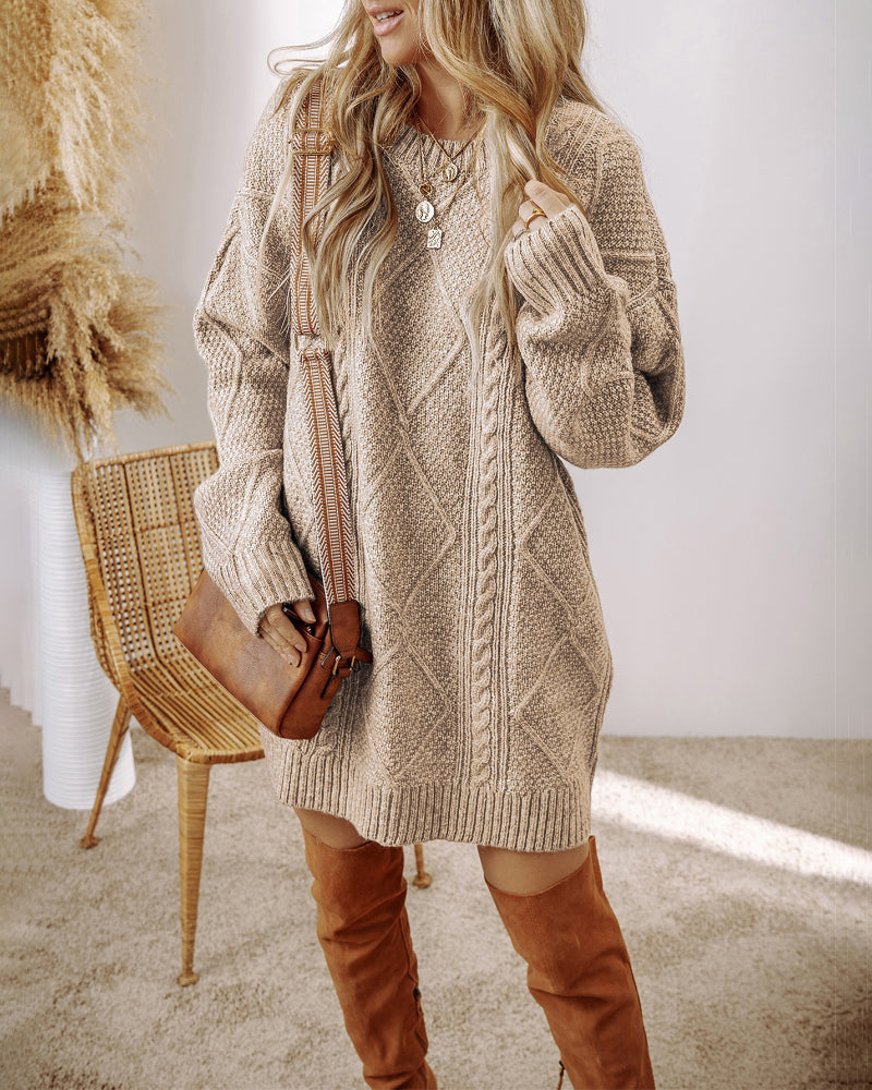 Round Neck Long Sleeve Drop Shoulder Pullover Sweater Casual Loose Fit Cable Knit Mid-length Sweater
