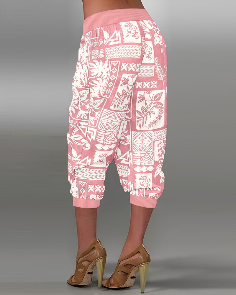 Plants Print Low Waist Wooden Button Decor Capris Pants Vacation Pants with Pockets