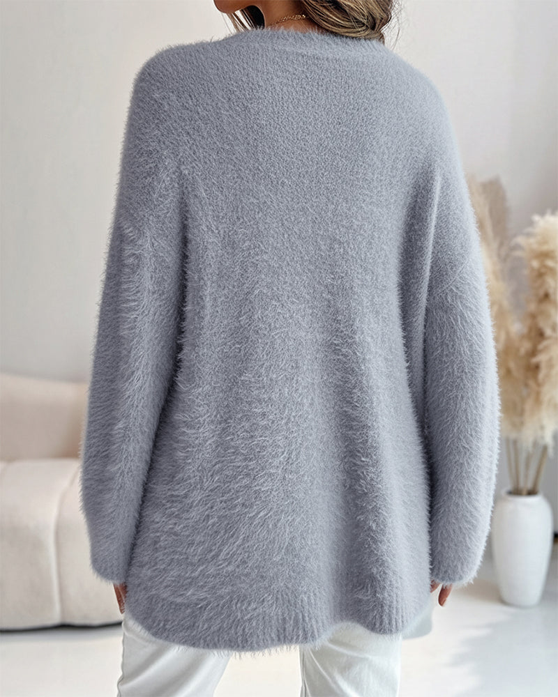 V-Neck Single Breasted Fuzzy Cardigan Casual Minimalist Sweater Coat
