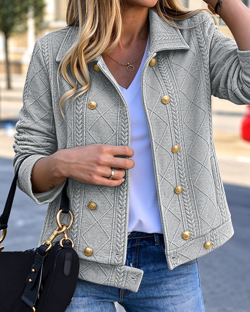 Women's Vintage Textured Argyle Lapel Double-Breasted Crop Jacket