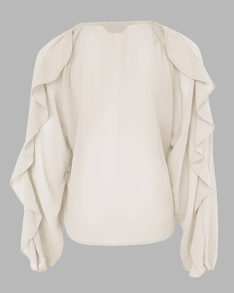 V Neck Shoulder Ruffles Design Blouse Casual Button Front Long Sleeve Top