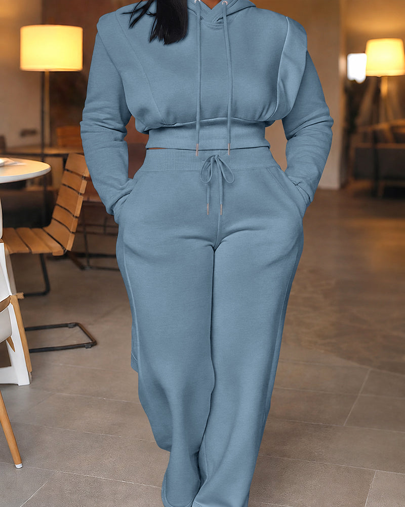 2 Pieces Outfit Long Sleeve Crop Drawstring Hoodie Sweatshirt with Thumb Hole Cuffs and Casual Drawstring Elastic Waist Wide Leg Sweatpants Set